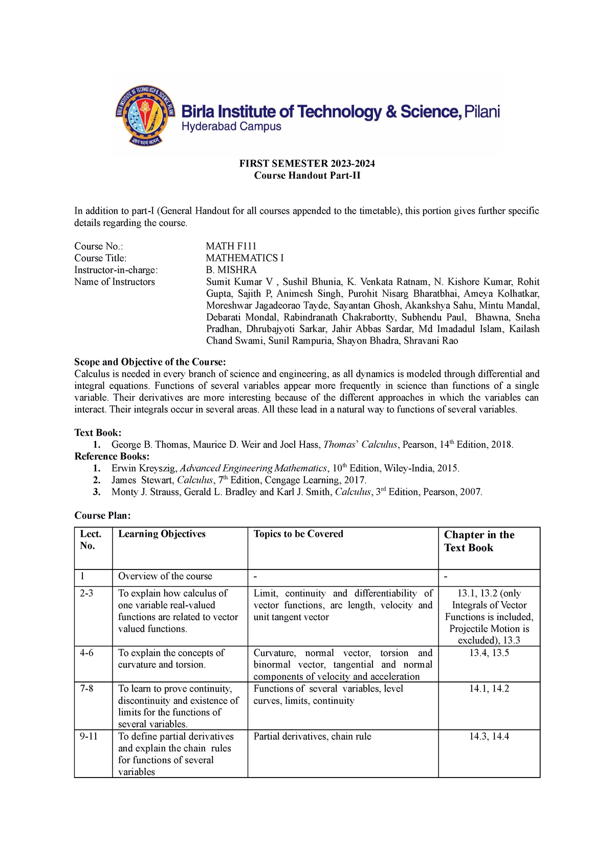 MATH F111 Mathematics I Handout - FIRST SEMESTER 2023- Course Handout ...