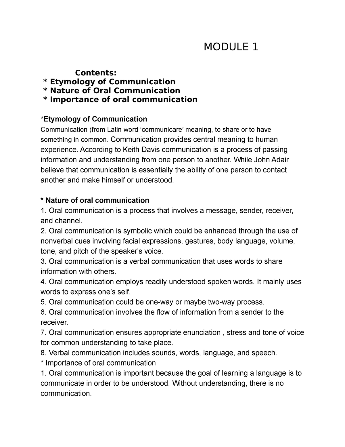 Module 1 oral comm Speech Oral Communication MODULE 1 Contents * Etymology of Communication