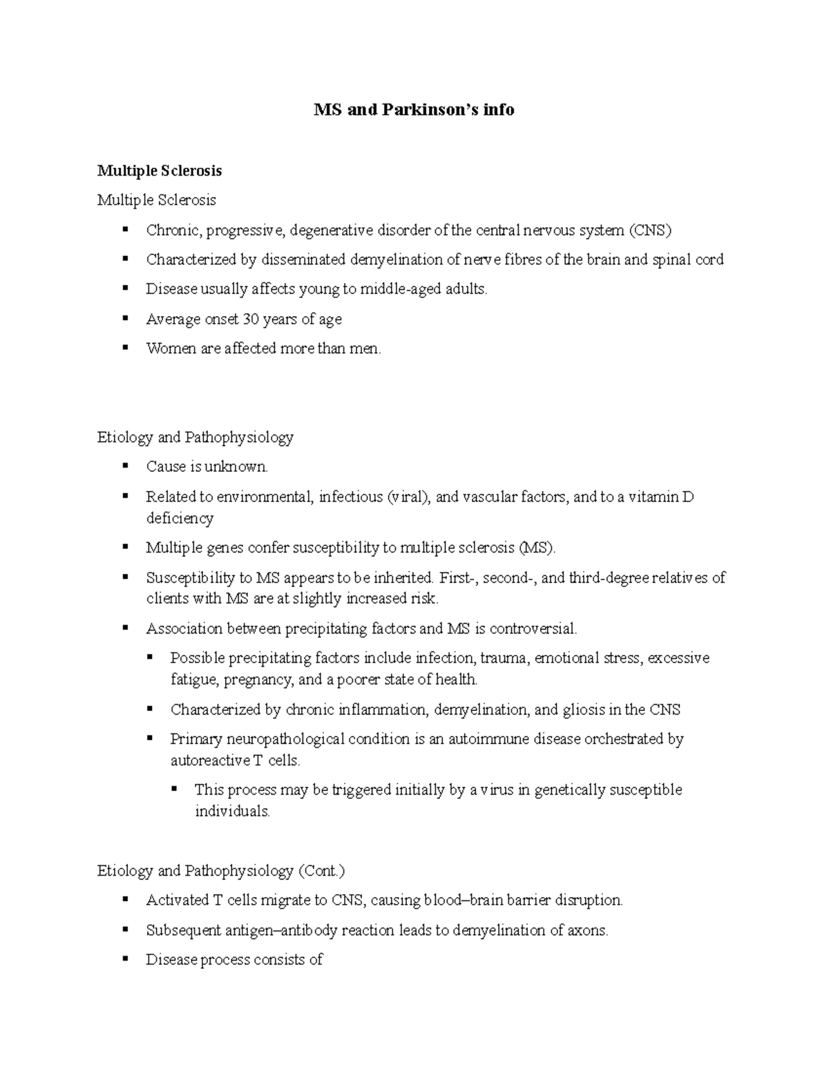 MS and Parkinson - Lecture notes 4 - MS and Parkinson’s info Multiple ...
