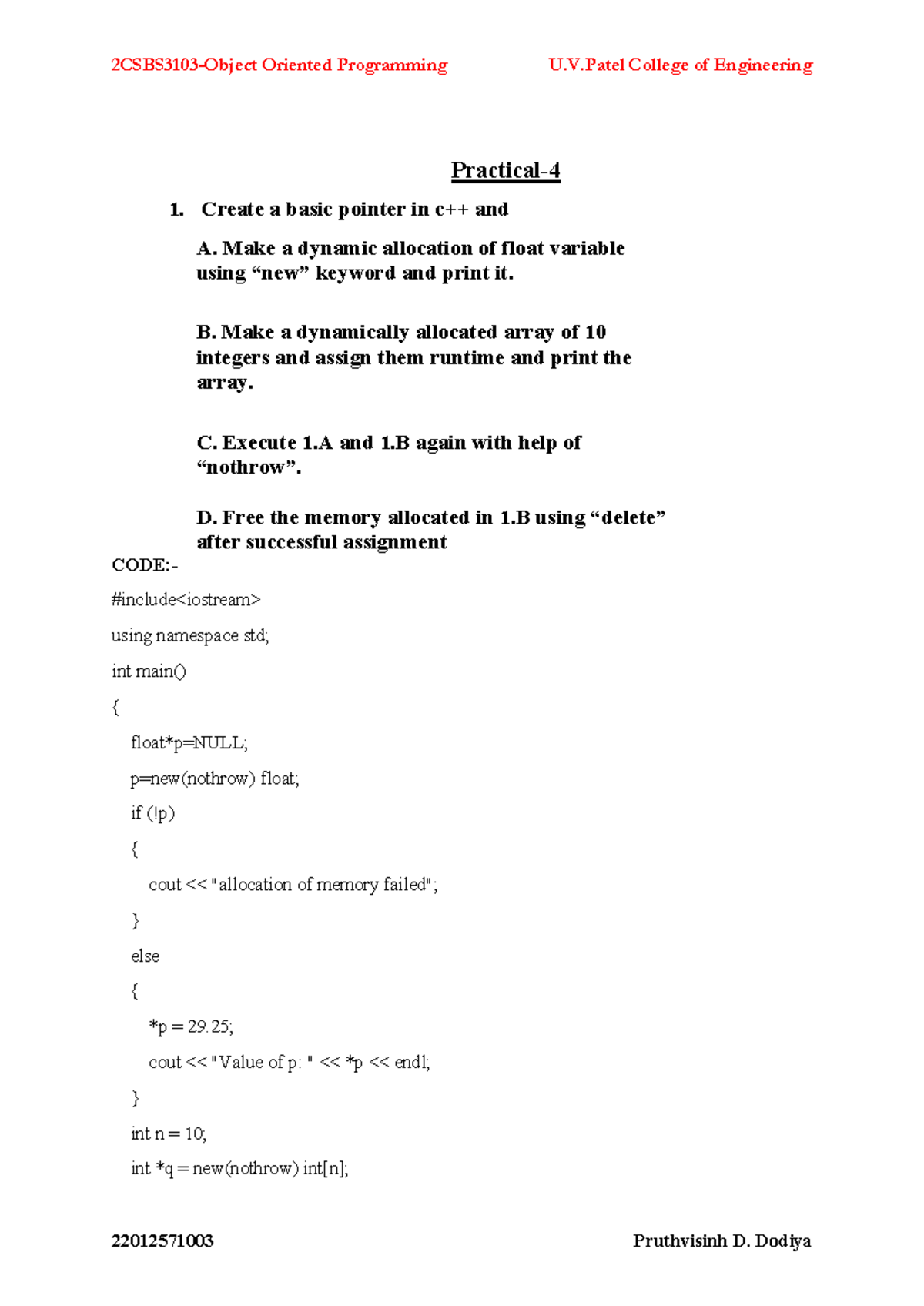 Practical-4 OOP C++ CSBS(SEM3) - Practical- 1. Create a basic pointer ...