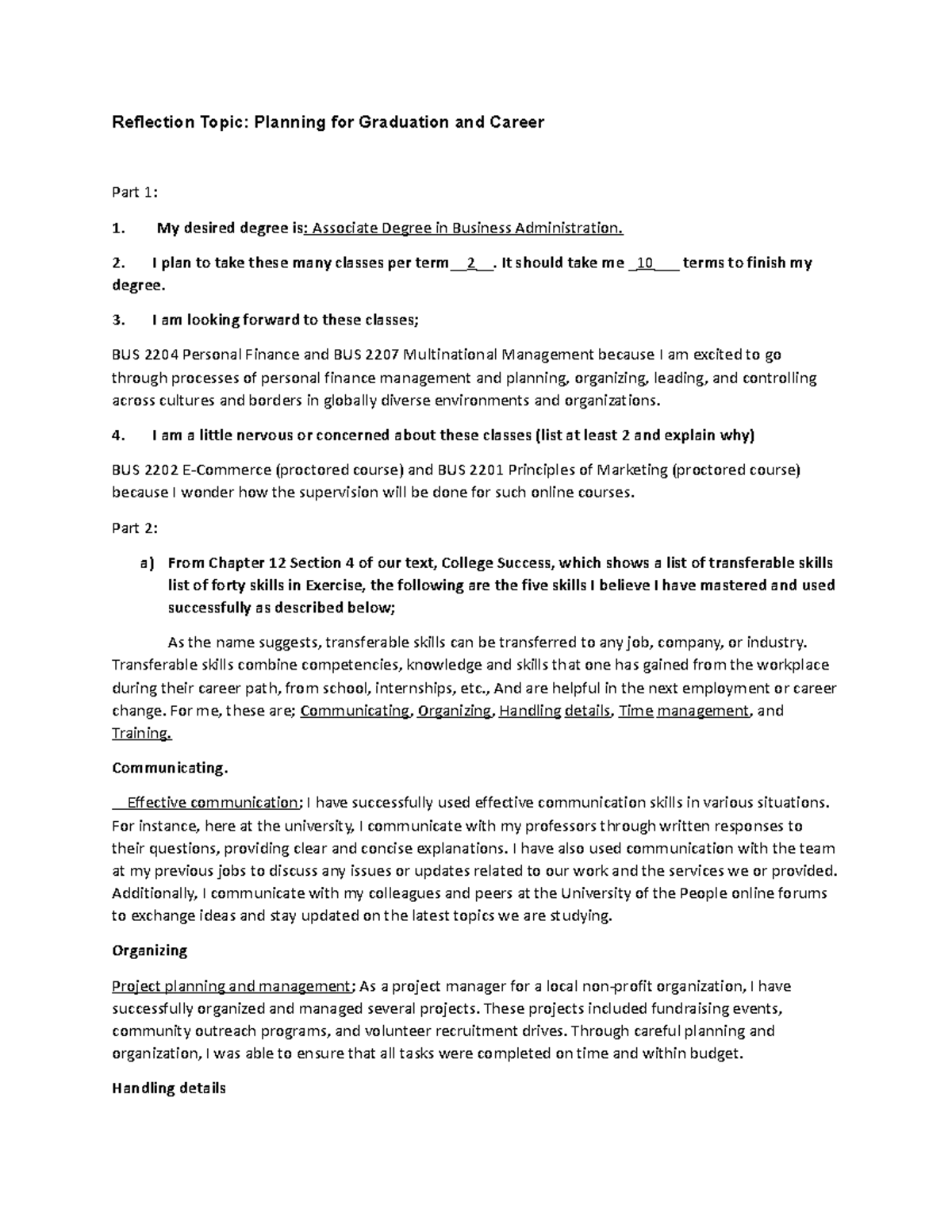 Reflection Topic - Reflect - Reflection Topic: Planning for Graduation ...