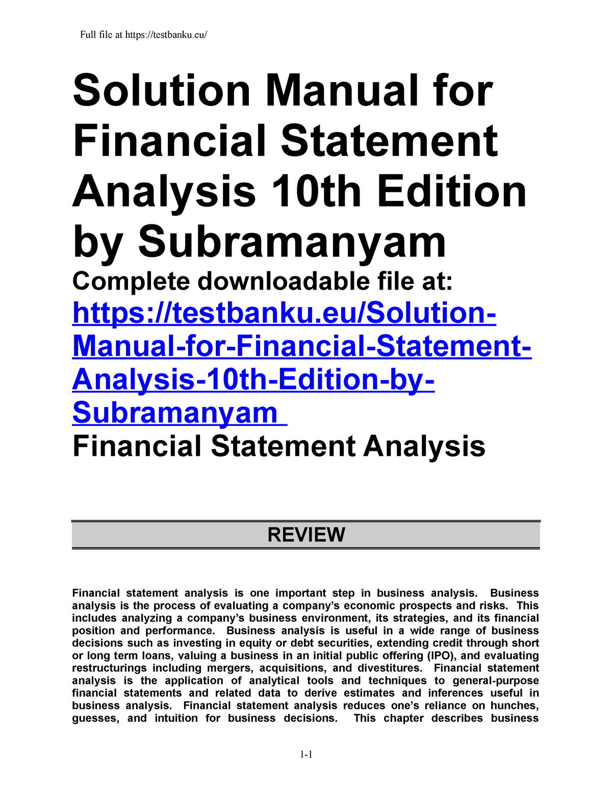 Solution Manual for Financial Statement Analysis 10th Edition by