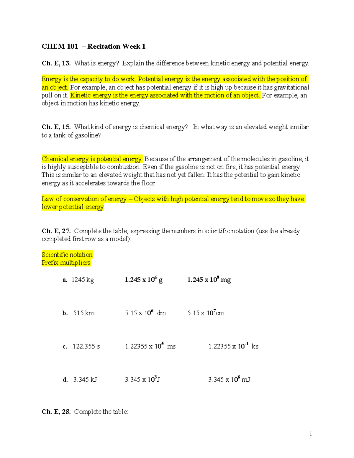 CHEM 101 Recitation Week 1 - CHEM 101 – Recitation Week 1 Ch. E, 13 ...