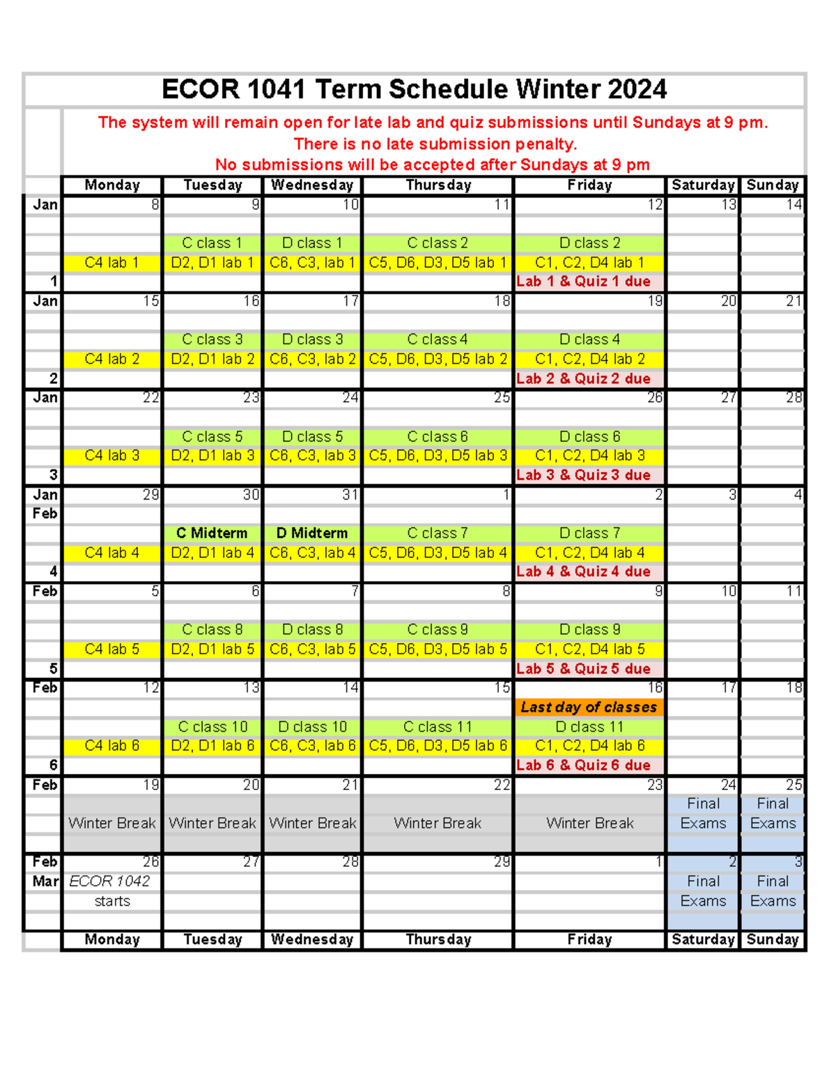 ECOR1041 Early W24 Term Plan - Monday Tuesday Wednesday Thursday Friday ...