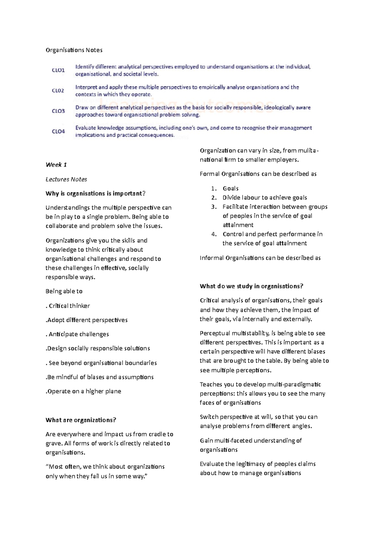 Organisations Notes - Organisations Notes Week 1 Lectures Notes Why is ...