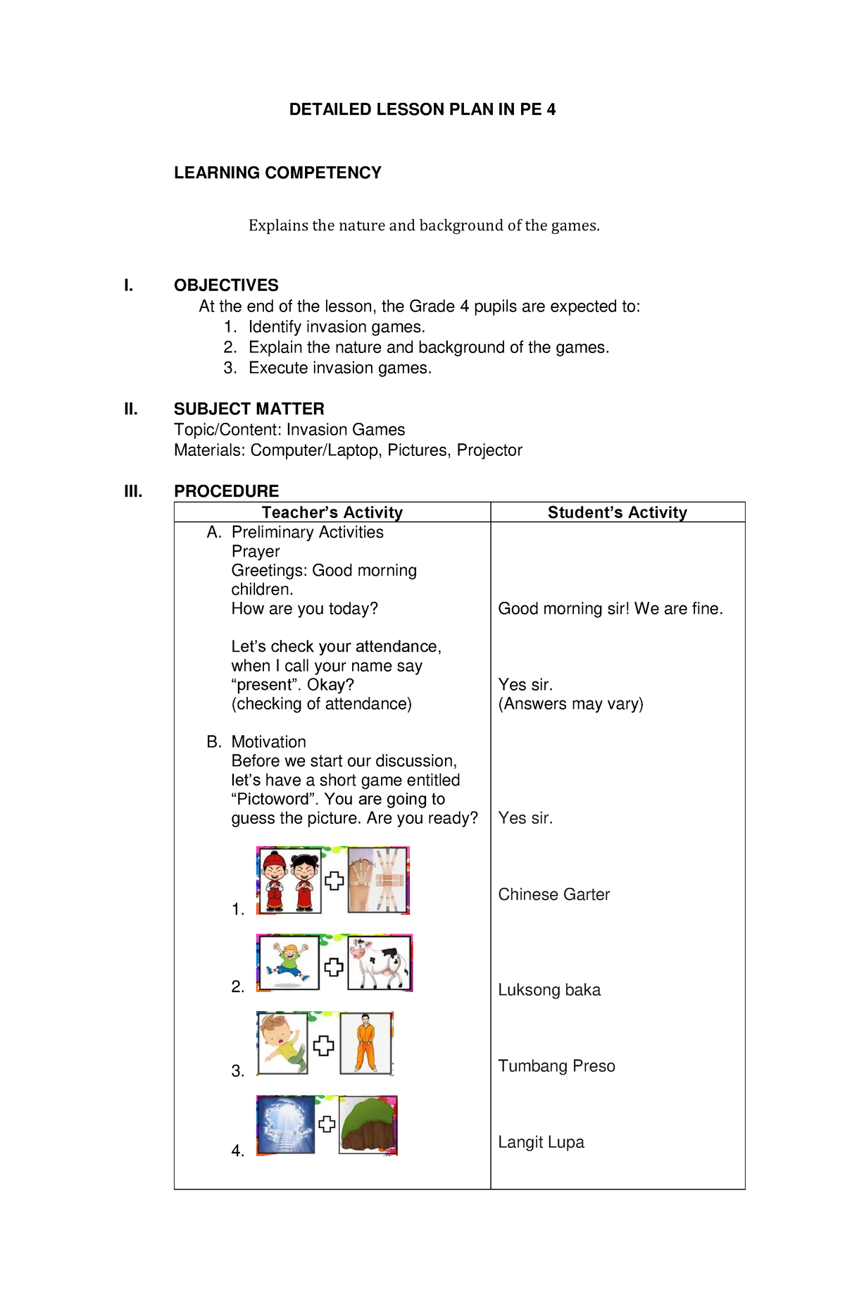 DLP Physical Education - DETAILED LESSON PLAN IN PE 4 LEARNING ...