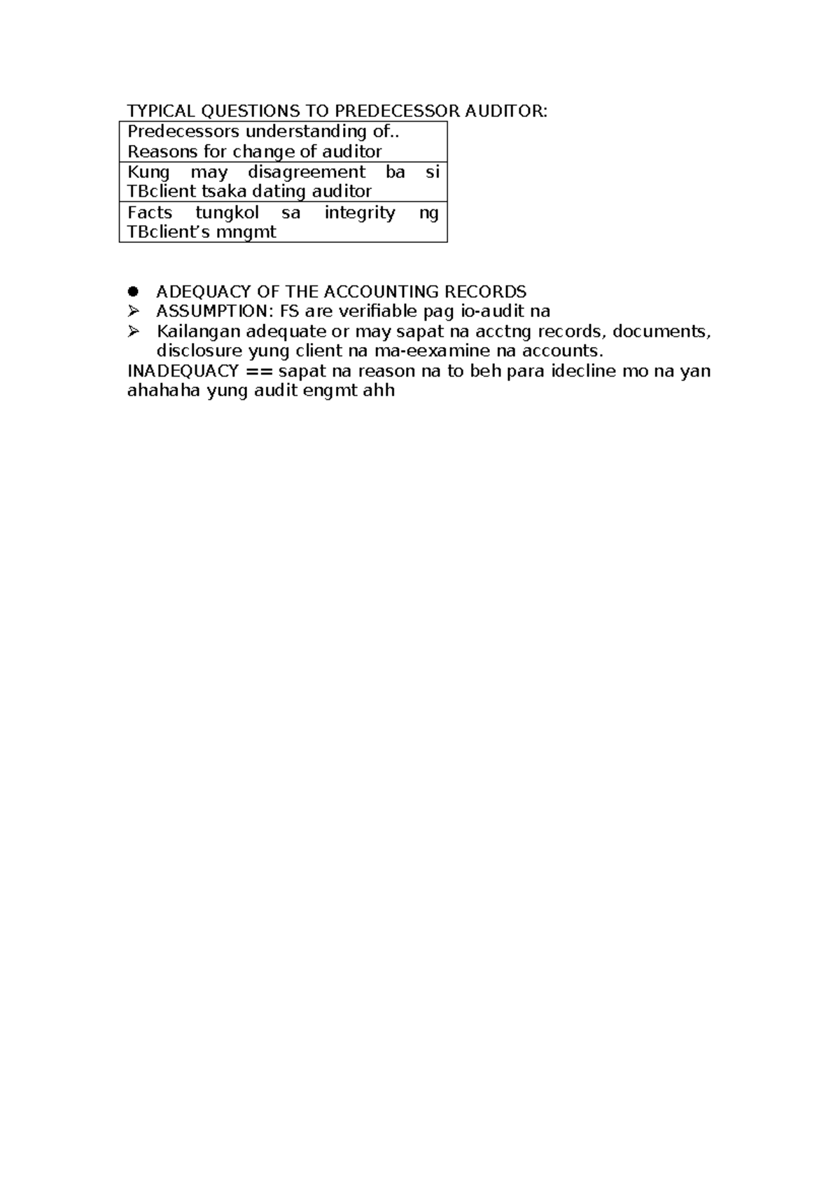 Typical Questions TO Predecessor Auditor - TYPICAL QUESTIONS TO ...