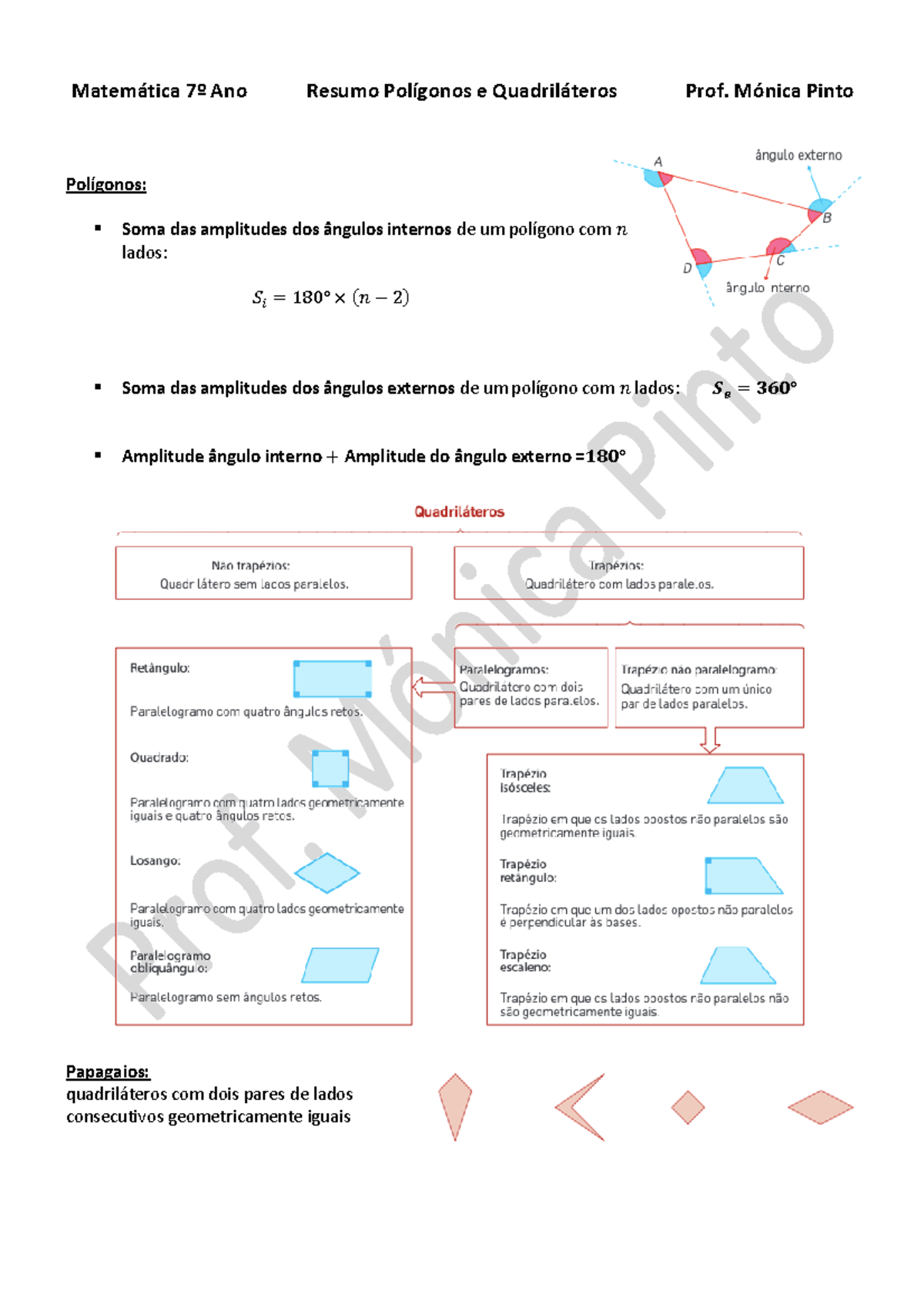 Resumo polígonos e quadrilateros - Matemática 7º Ano Resumo Polígonos e ...