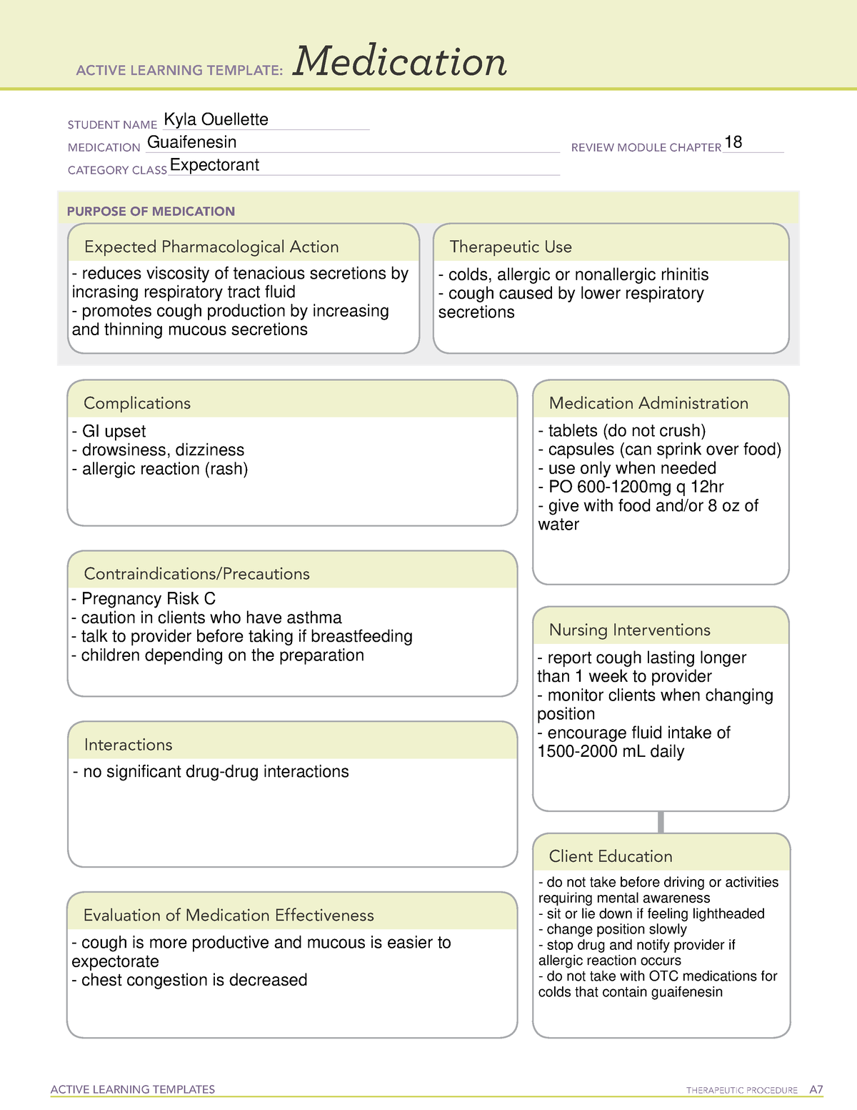 Guaifenesin ATI Medication template ACTIVE LEARNING TEMPLATES
