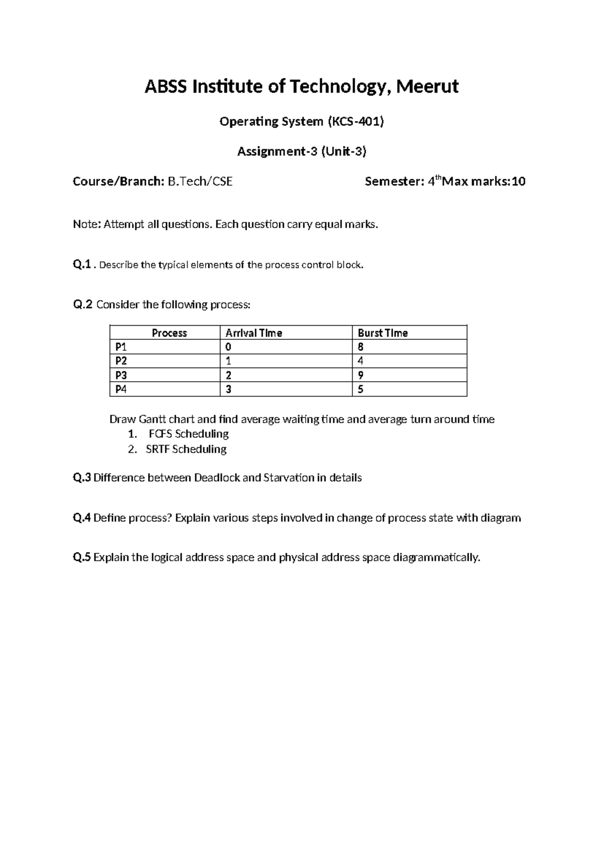 OS Assignment-3 - ABSS Institute of Technology, Meerut Operating System ...