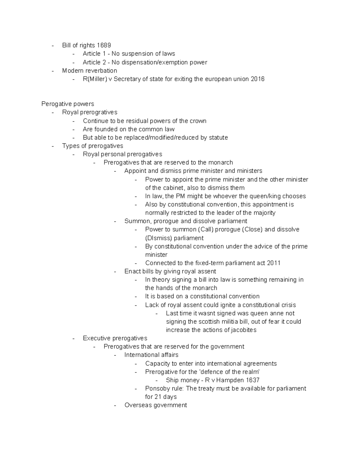 Prerogatives power and administrative law - Bill of rights 1689 Article ...