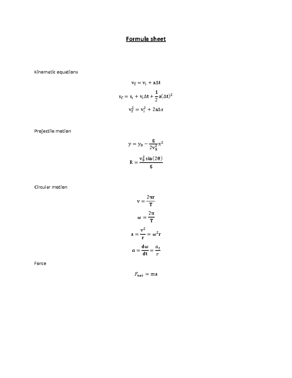 Mid-term formula sheet - PHY1010U - Formula sheet Kinematic equations ...