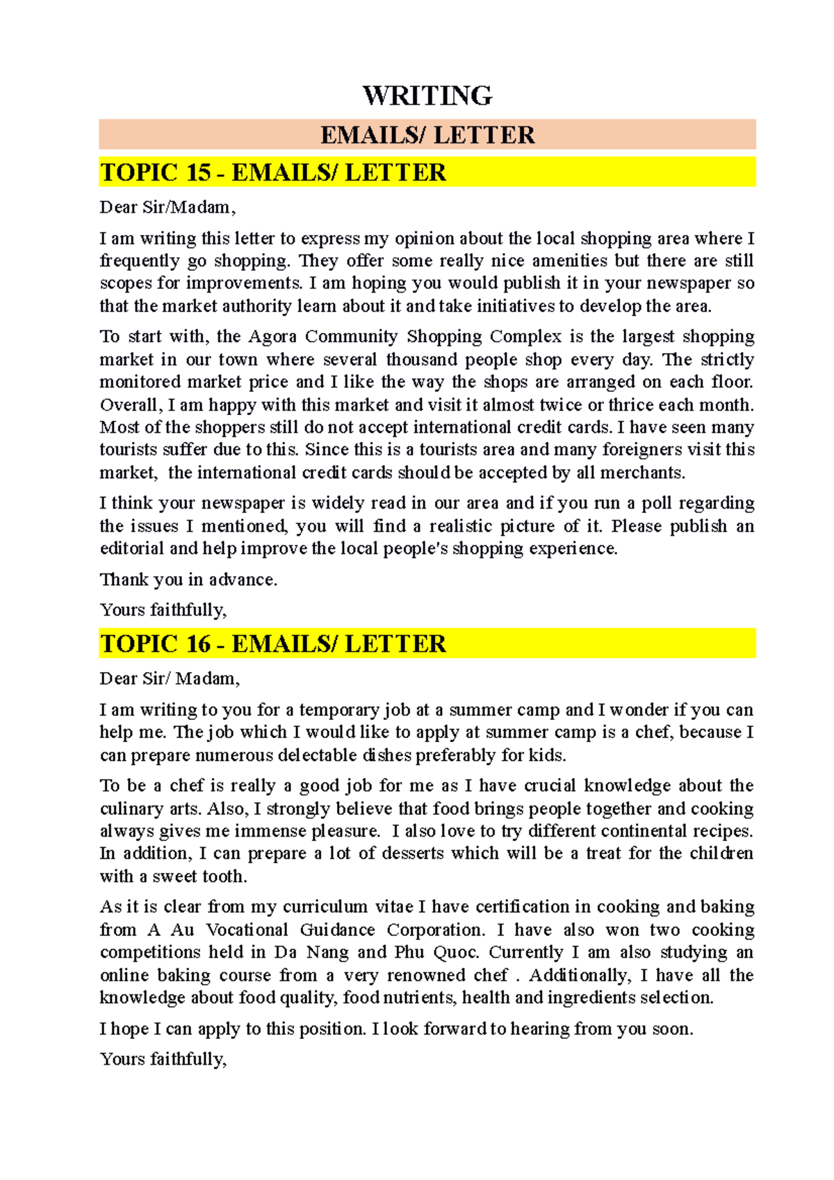 Writing B1 - Topic - WRITING EMAILS/ LETTER TOPIC 15 - EMAILS/ LETTER ...