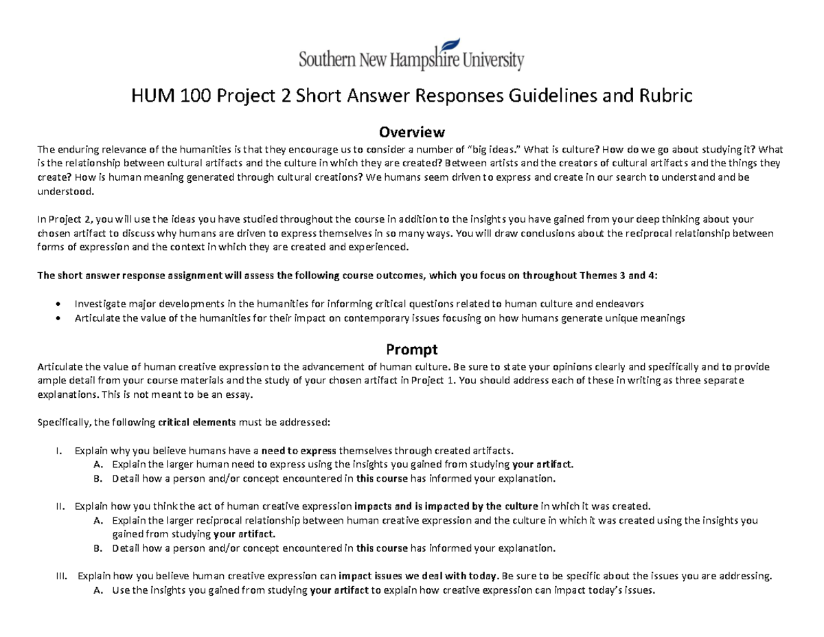 HUM 100 Project 2 Short Answer Responses Guidelines and Rubric - ” What