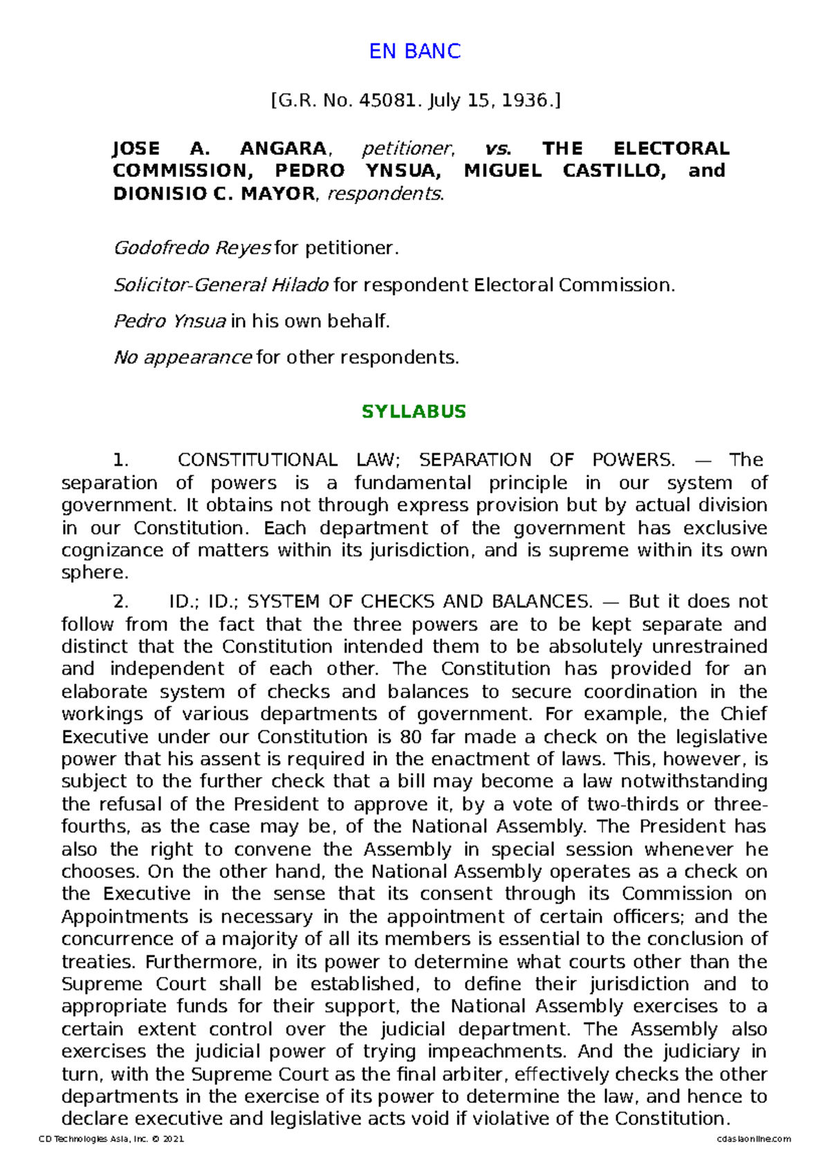 3. Angara v. Electoral Commission - EN BANC [G. No. 45081. July 15 ...