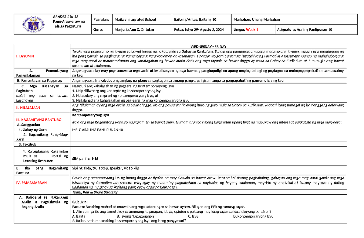 Arpan 10- Module 1 - notes - GRADES 1 to 12 Pang-Araw-araw na Tala sa ...