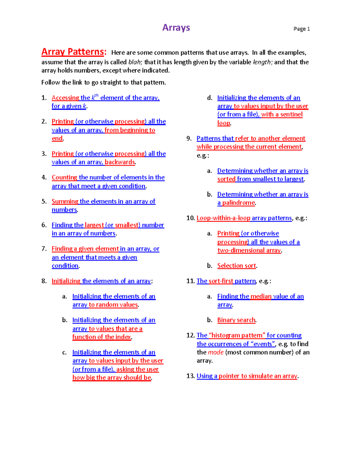 Array Patterns - Array Patterns: Here are some common patterns that use ...