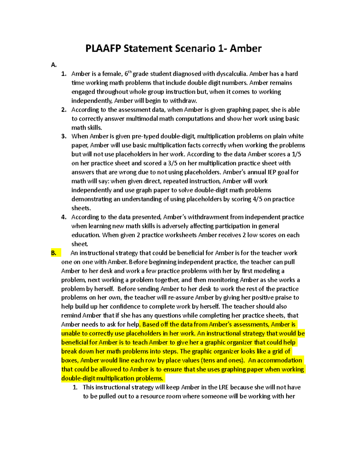 Task 1 Assessment in Special Education D003 PLAAFP Statement Scenario