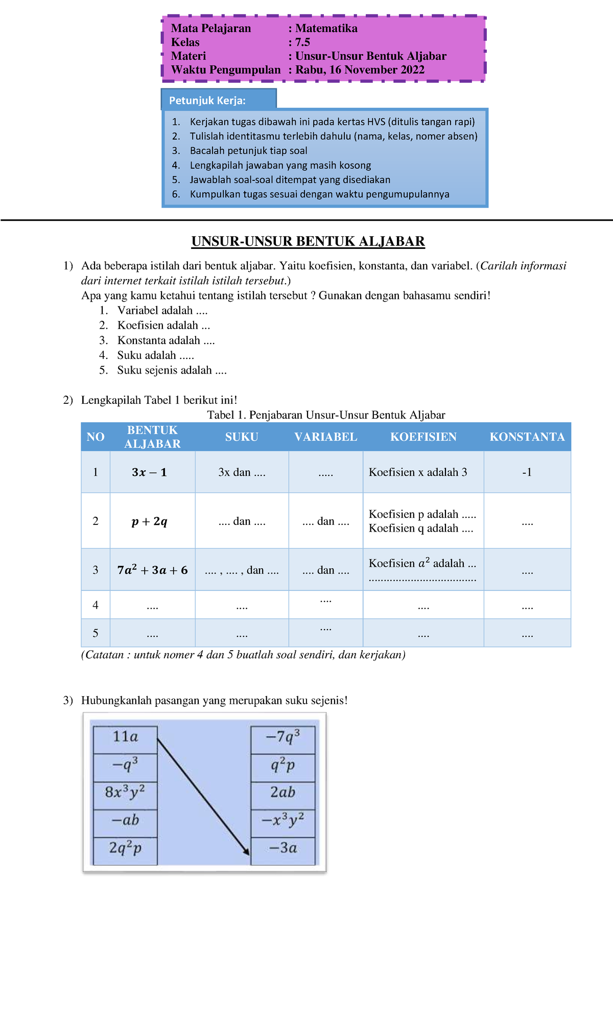 7 - materi matematika smp - UNSUR-UNSUR BENTUK ALJABAR Ada beberapa
