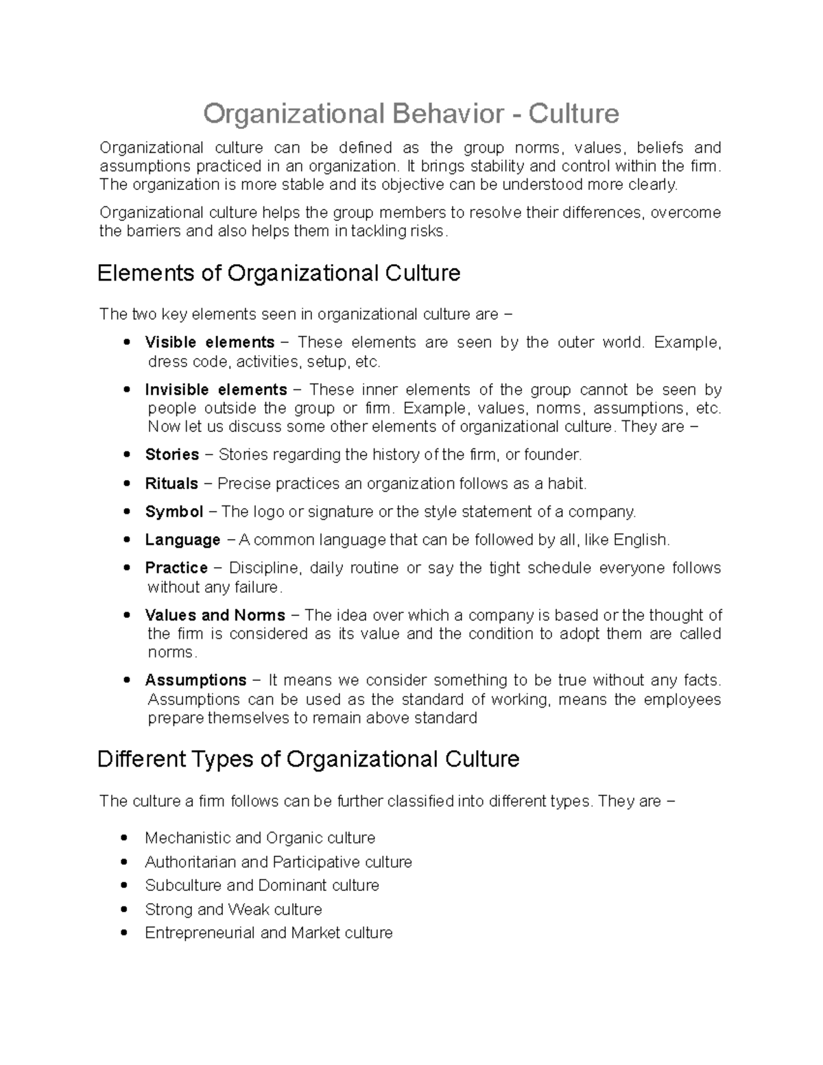 Unit v Management principles for engineers Organizational Behavior Culture Organizational