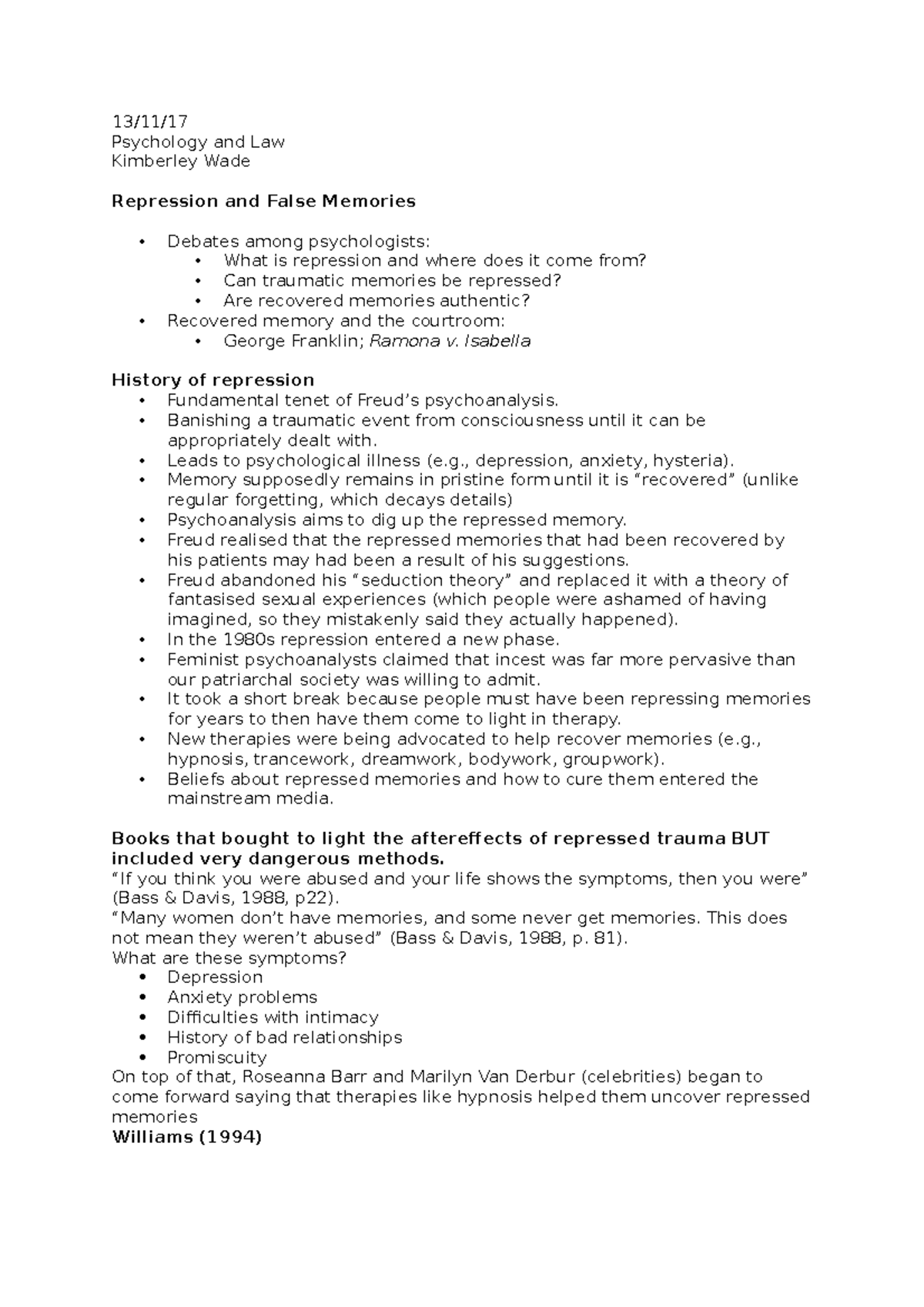 Week 7 lecture 1 notes - 13/11/ Psychology and Law Kimberley Wade ...