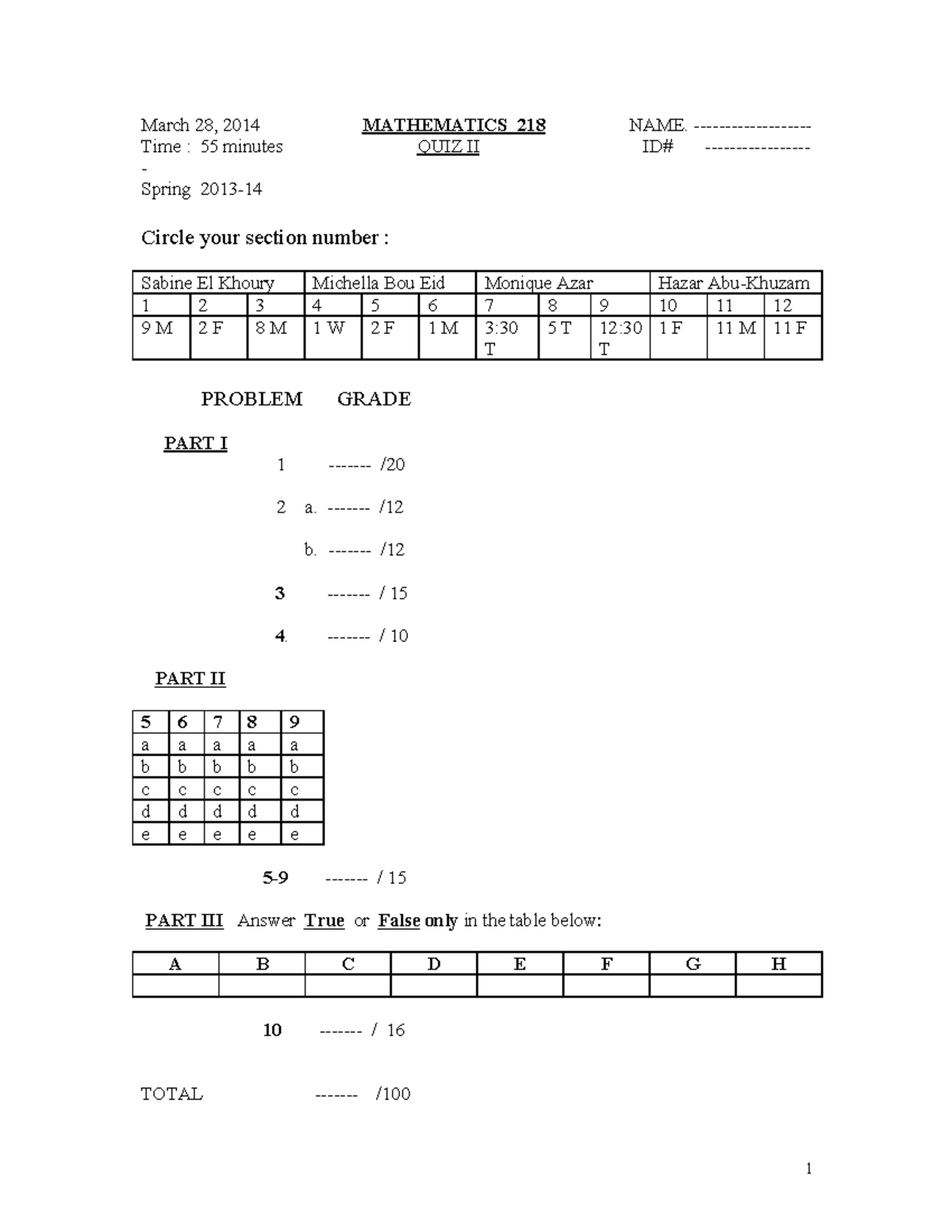 Quiz 2 2018, Questions And Answers - March 28, 2014 MATHEMATICS 218 ...