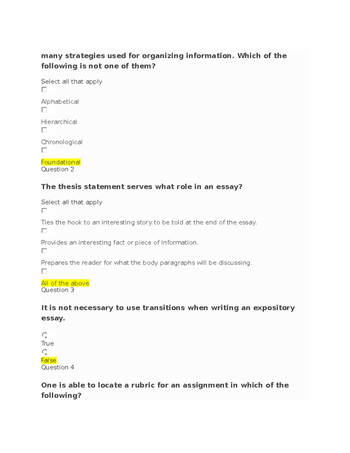 Topic 5 Quiz Writing Process many strategies used for organizing