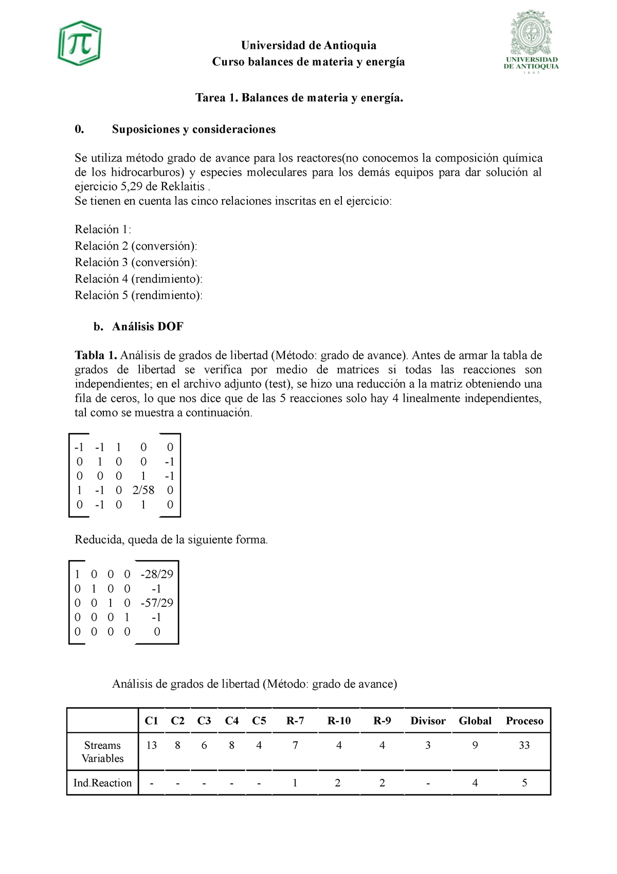 Tarea 1. Balances (1) (1) (2) - Universidad De Antioquia Curso Balances ...