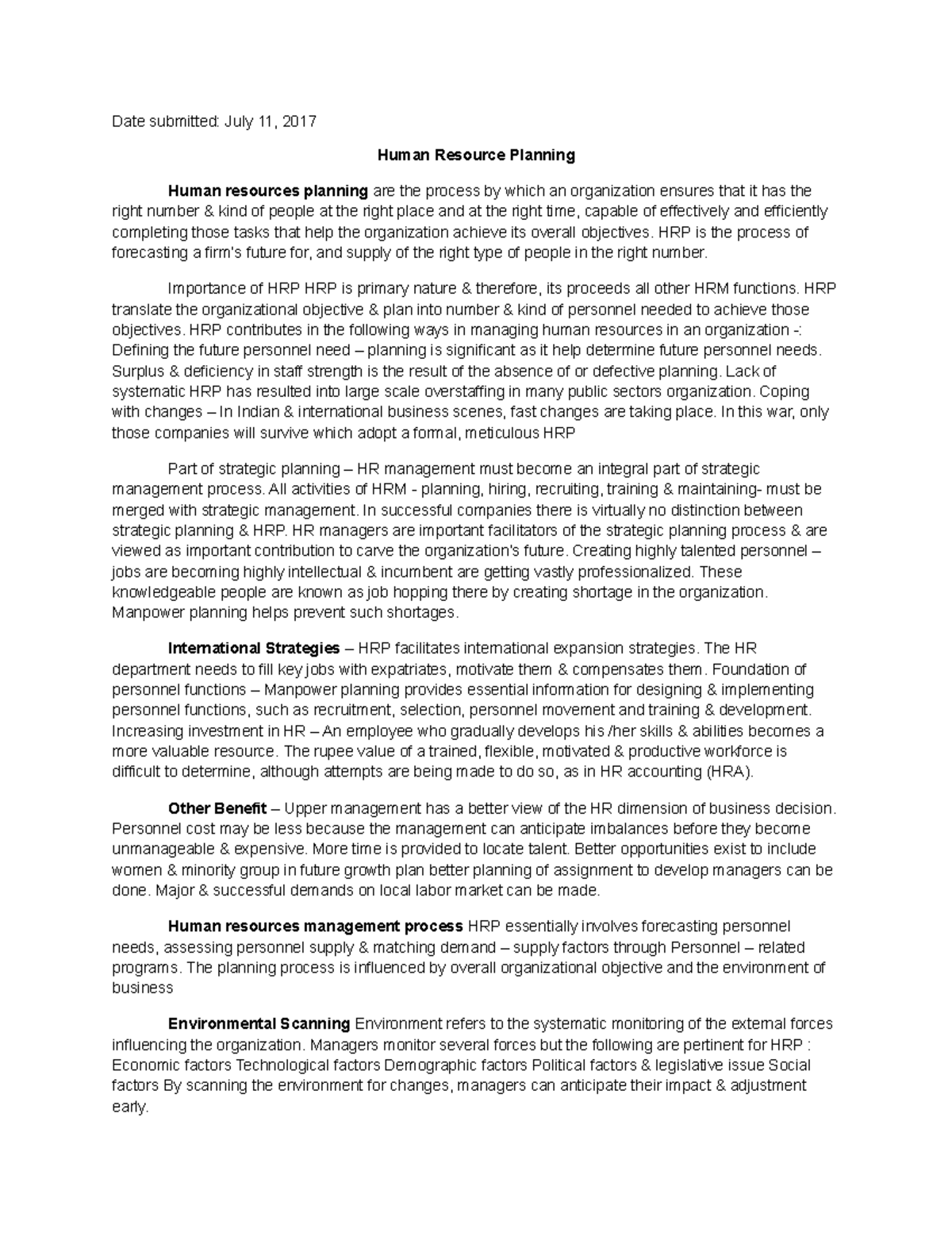 Human Resource Palnning - Date submitted: July 11, 2017 Human Resource ...