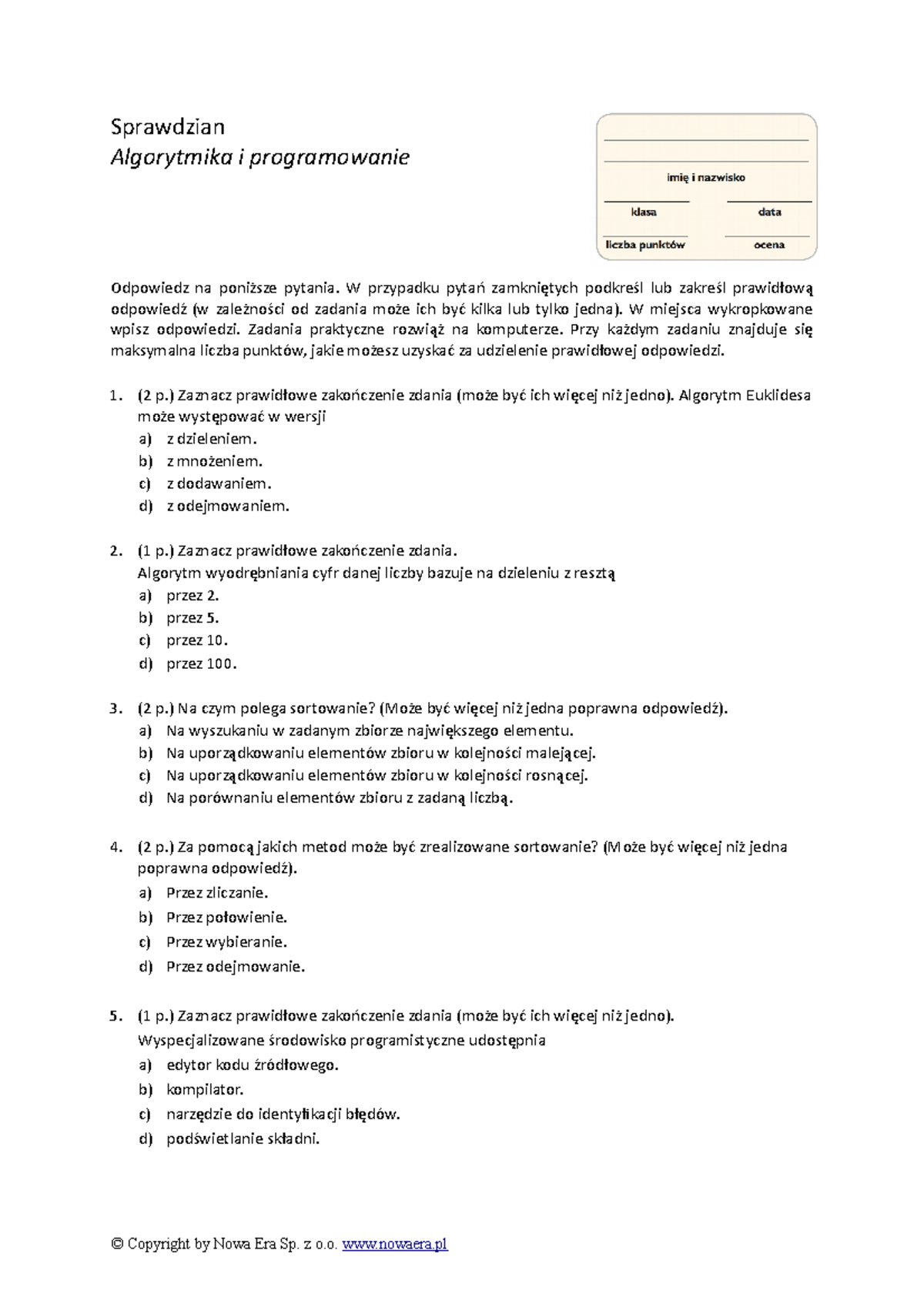 [Sprawdzian] Algorytmika i programowanie - Sprawdzian Algorytmika i
