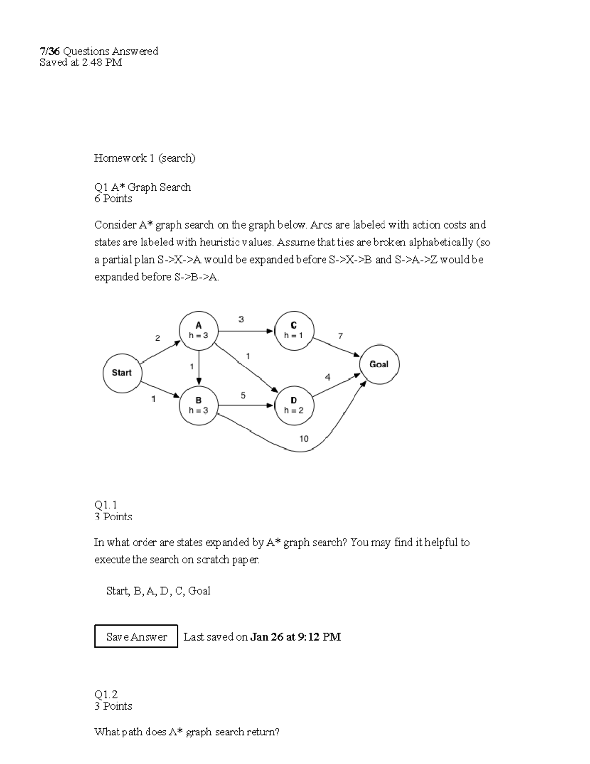 A* Search homework - 7/36 Questions Answered Saved at 2:48 PM Homework ...