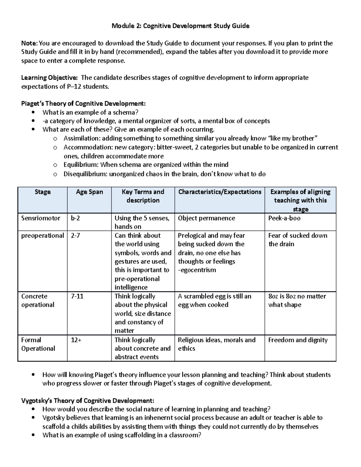 D094 D307 M2 Study Guide - Module 2: Cognitive Development Study Guide ...