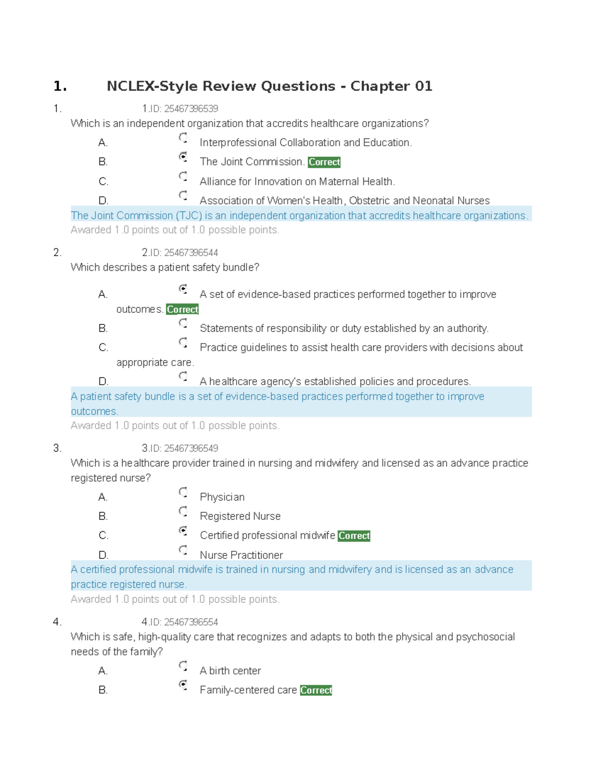 Test 1 OB - Test 1 OB - 1. NCLEX-Style Review Questions - Chapter 01 1 ...