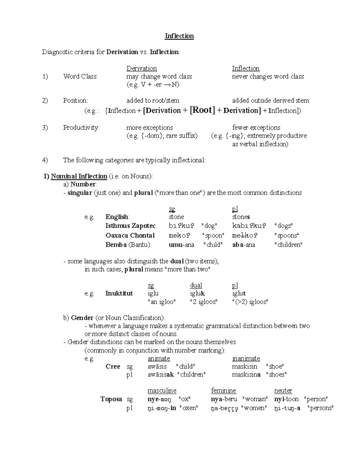 Handout 04 Morph 07 Inflection - Inflection Diagnostic criteria for ...