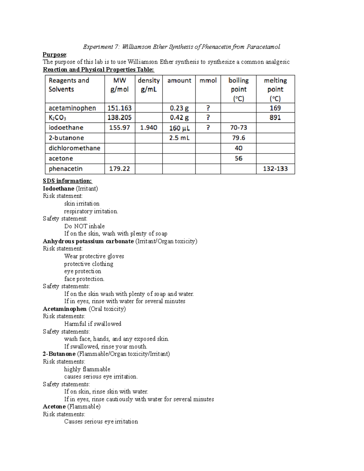 Experiment 7 lab report Experiment 7 Williamson Ether Synthesis of Phenacetin from