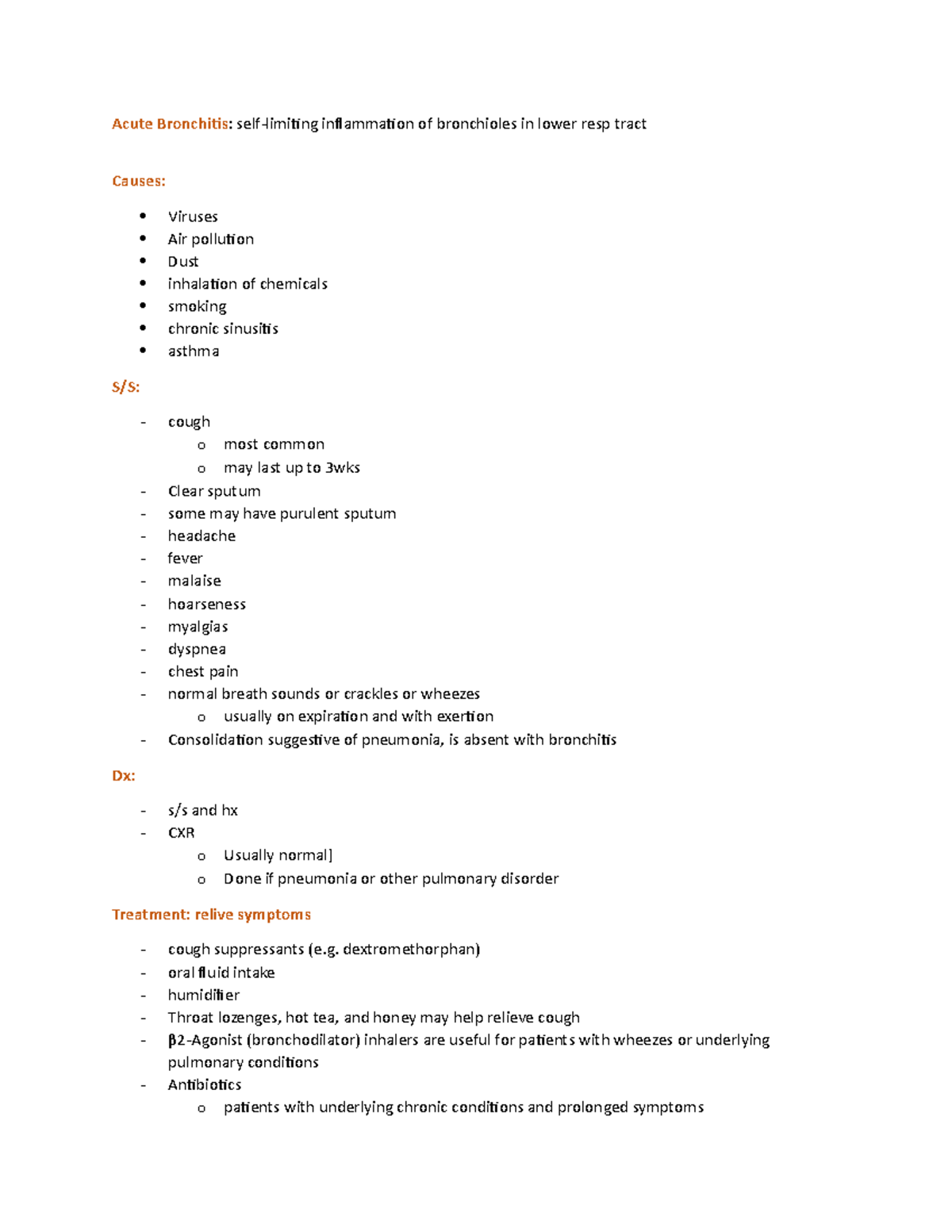 Acute Bronchitis notes Acute Bronchitis selflimiting inflammation