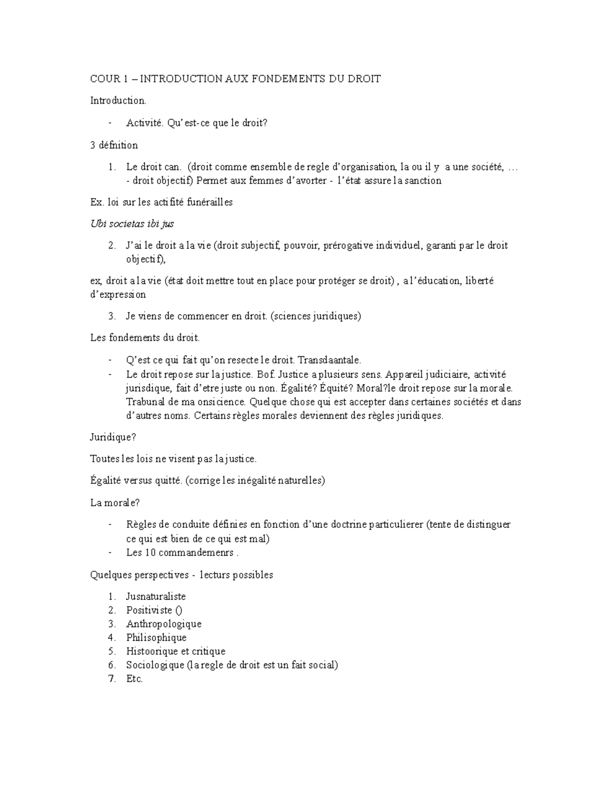 COUR 1 - Notes du cours 1 - COUR 1 – INTRODUCTION AUX FONDEMENTS DU ...