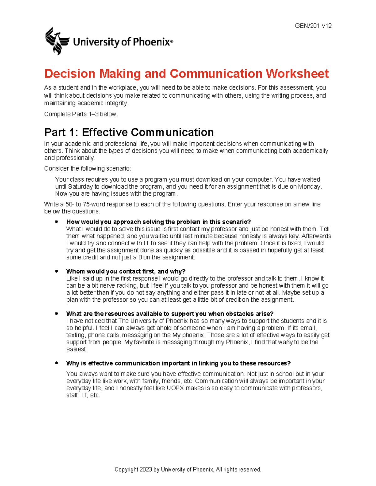 Gen201 v12 wk3 decision making and communication worksheet - GEN/201 v ...