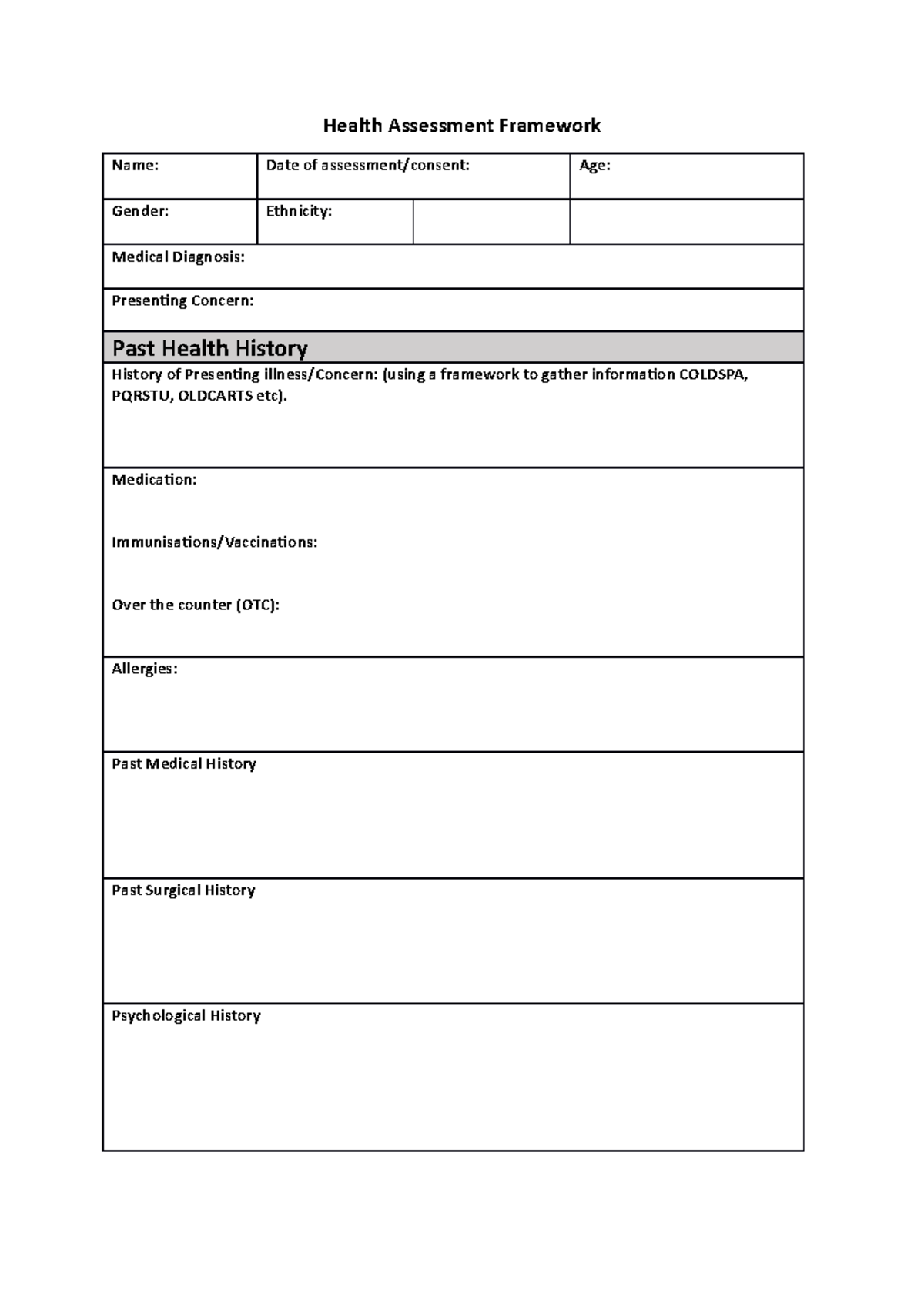 Health Assessment Framework - Health Assessment Framework Name: Date of ...