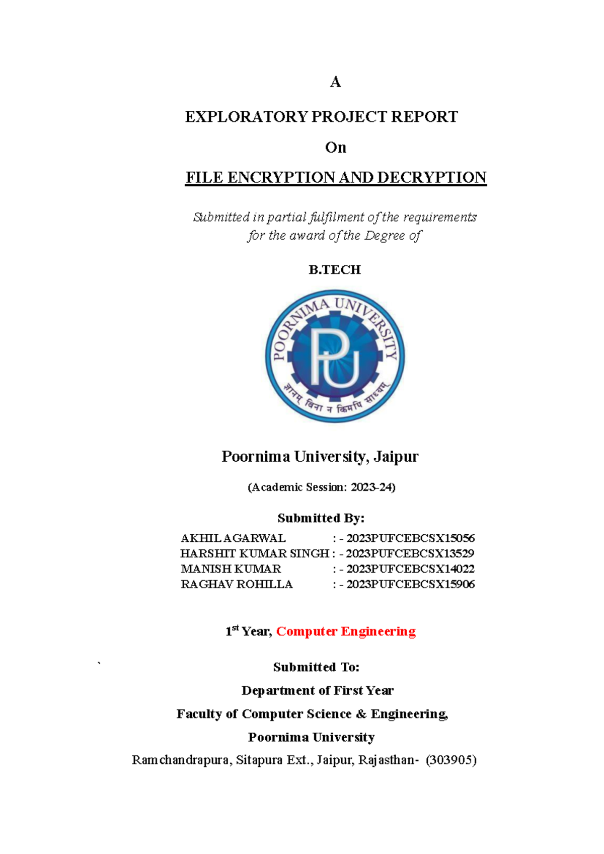 Myexploratory project - A EXPLORATORY PROJECT REPORT On FILE ENCRYPTION ...