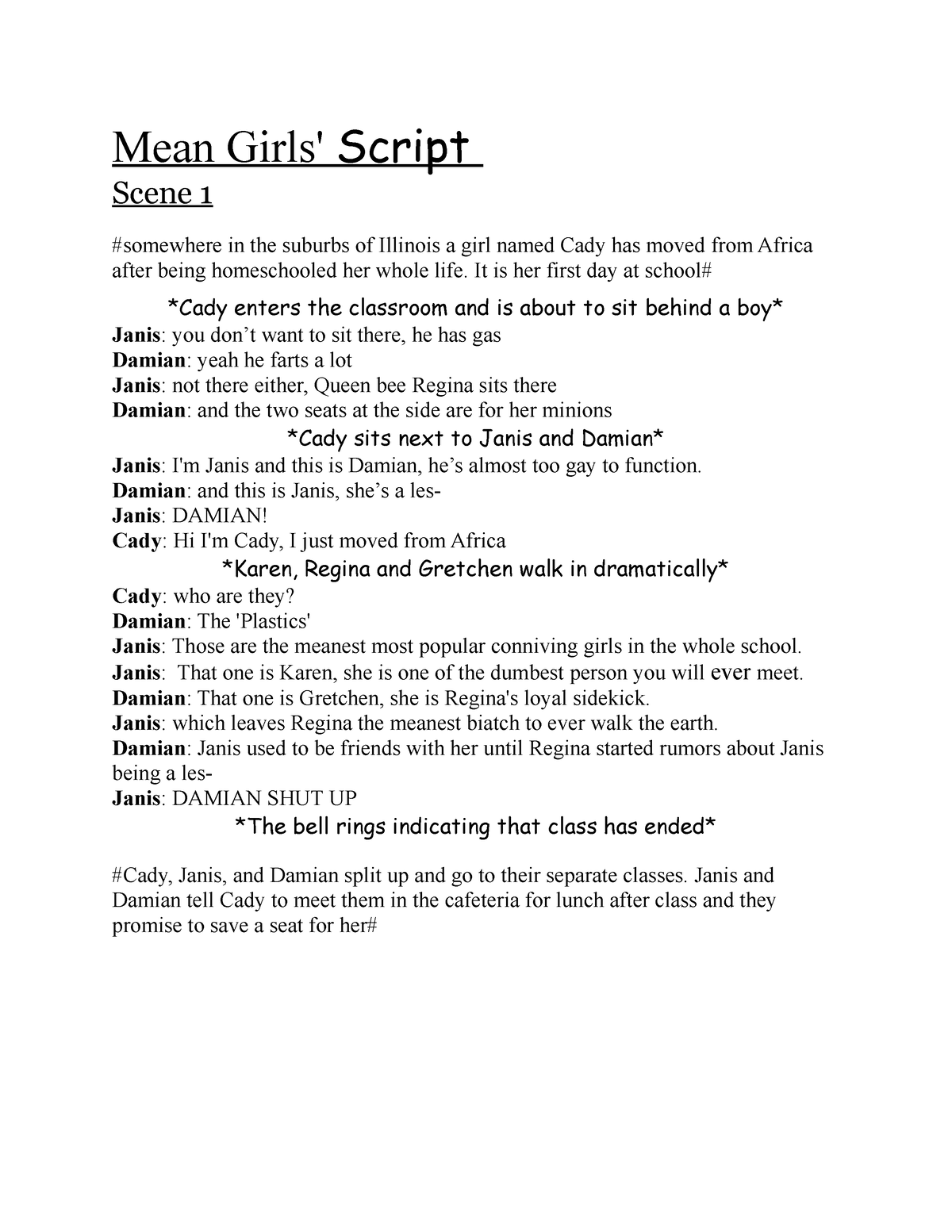 Mean Girls Script Mean Girls Script Scene 1 Somewhere - vrogue.co
