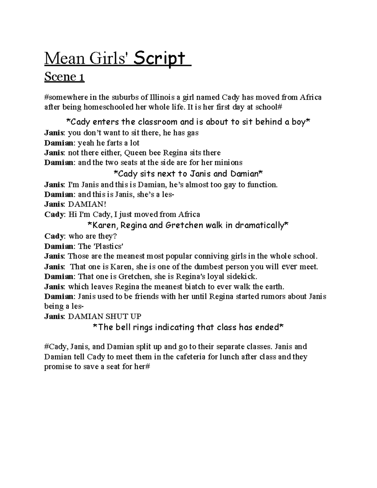 Mean Girls Script Mean Girls Script Scene 1 Somewhere - vrogue.co