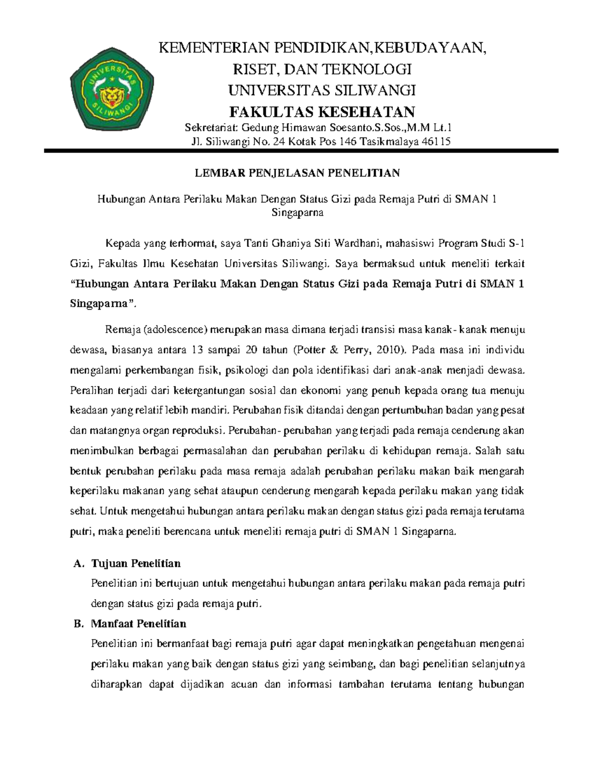 Informed Consent - RISET, DAN TEKNOLOGI UNIVERSITAS SILIWANGI FAKULTAS ...