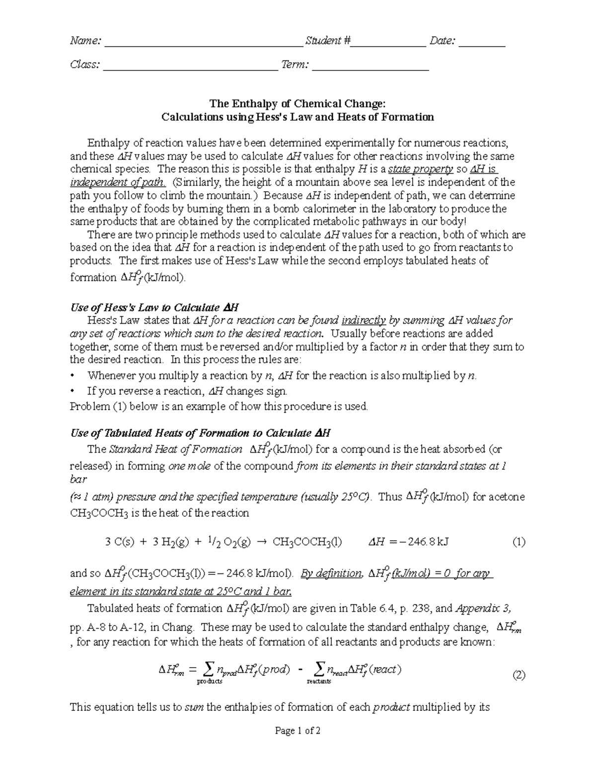 Hess's Law - Worksheets For General Chemistry Class. - Name