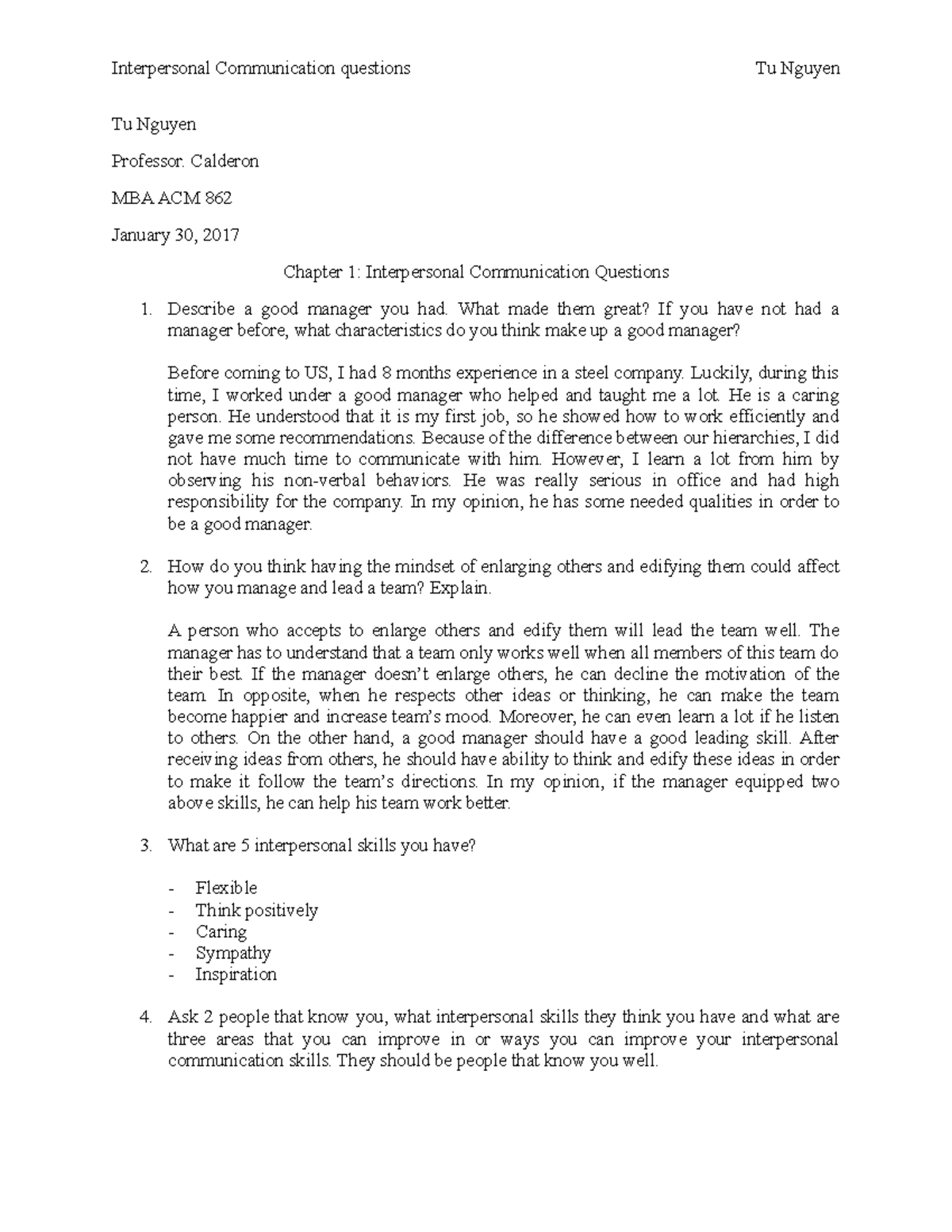 MBA 862- Chapter 1 Questions - Interpersonal Communication questions Tu ...