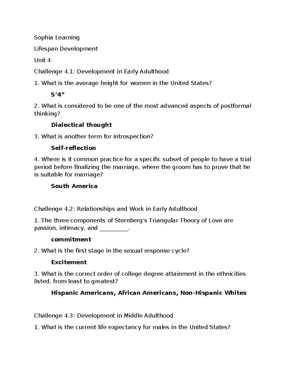 Lifespan Development Unit 4 Challenges And Key Concepts Sophia
