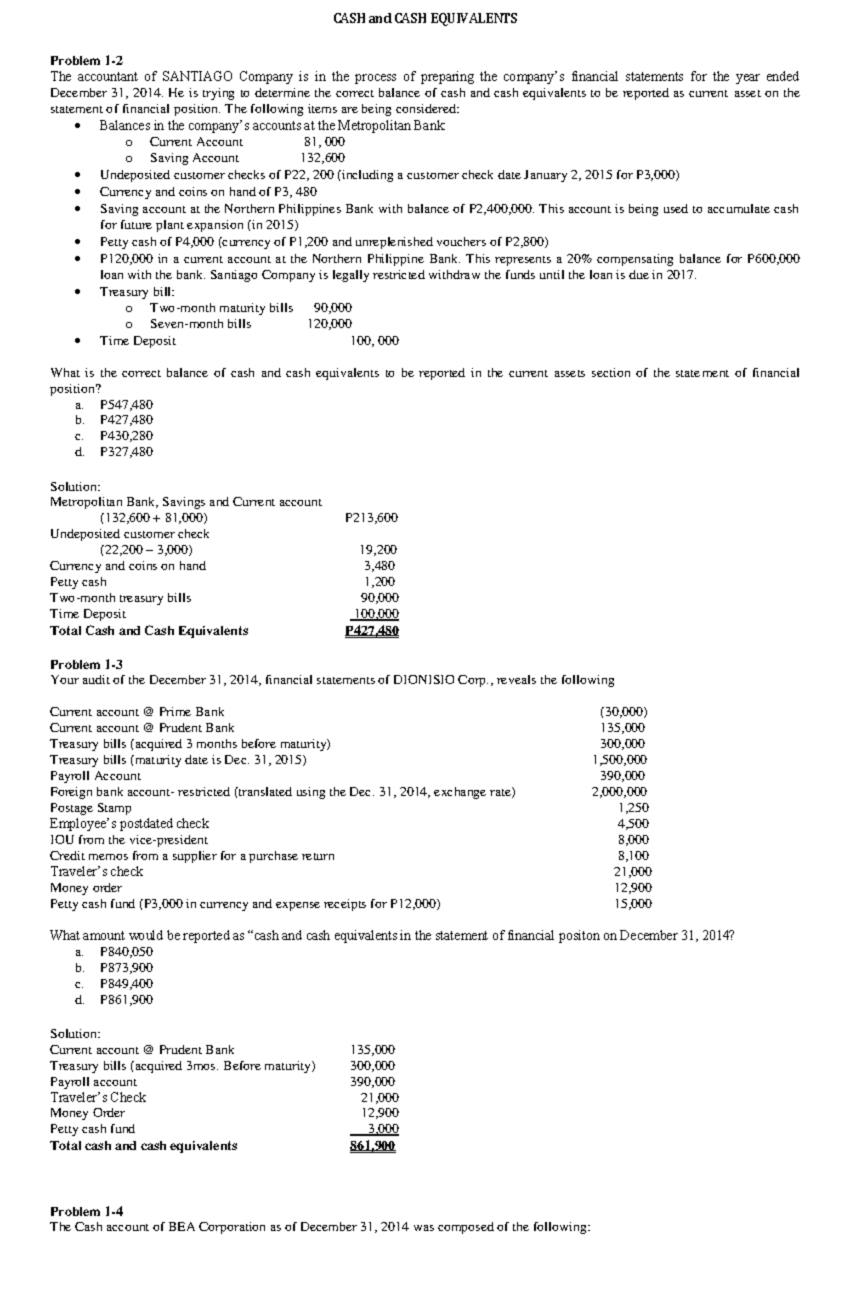 025185235 - .lk;m;mllkhjhc - CASH and CASH EQUIVALENTS Problem 1- The ...