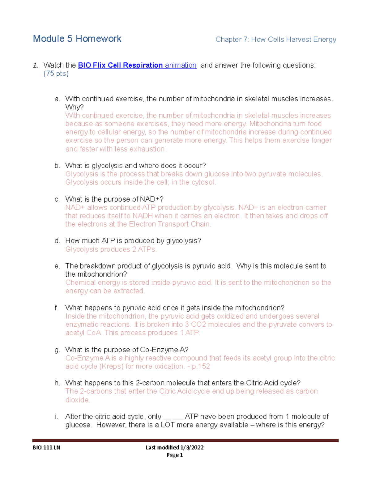 Module 5 Homework Reduced - Module 5 Homework Chapter 7: How Cells ...