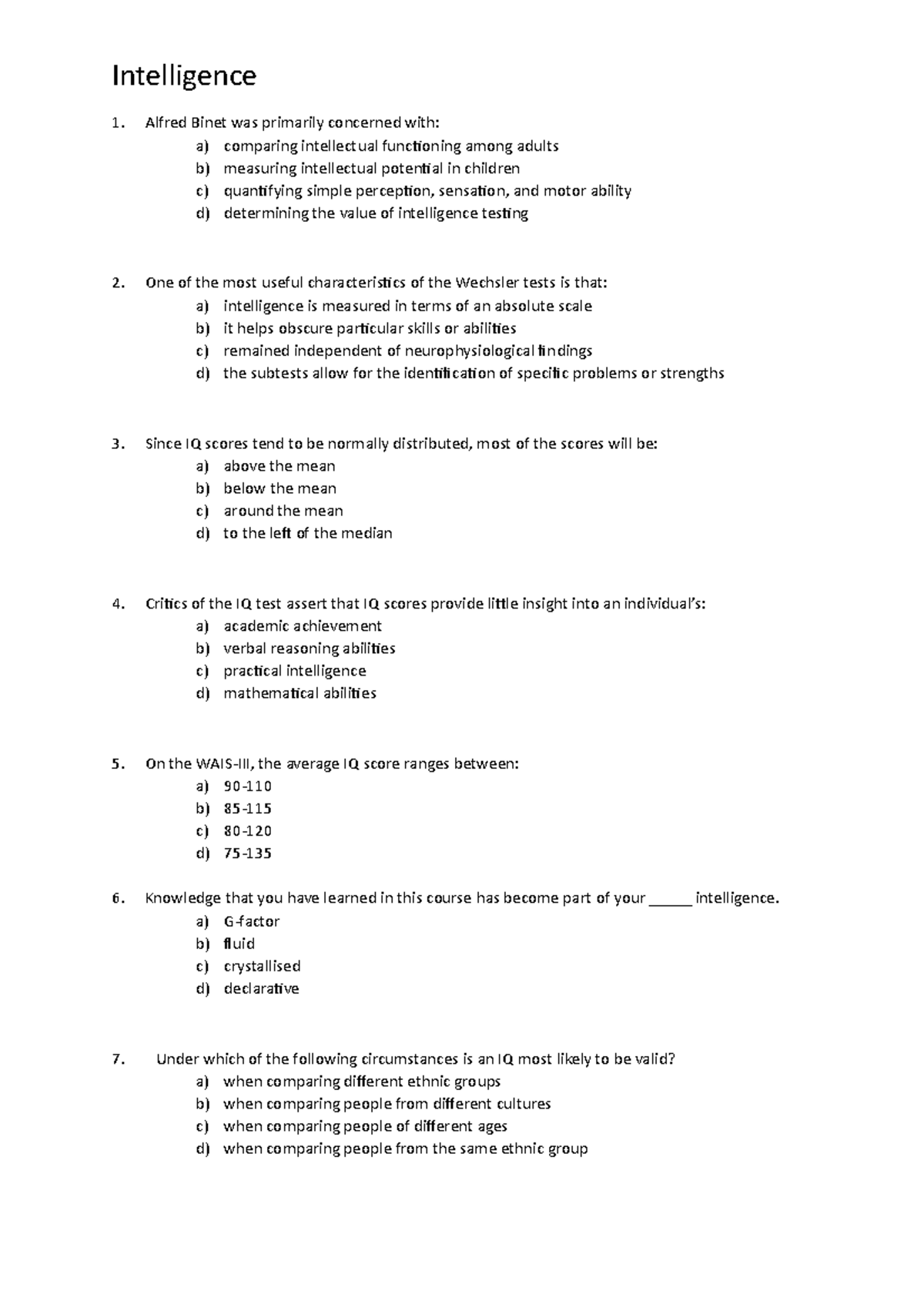 Multiple choice questions: Intelligence - Intelligence 1. Alfred Binet Sns-Brigh10