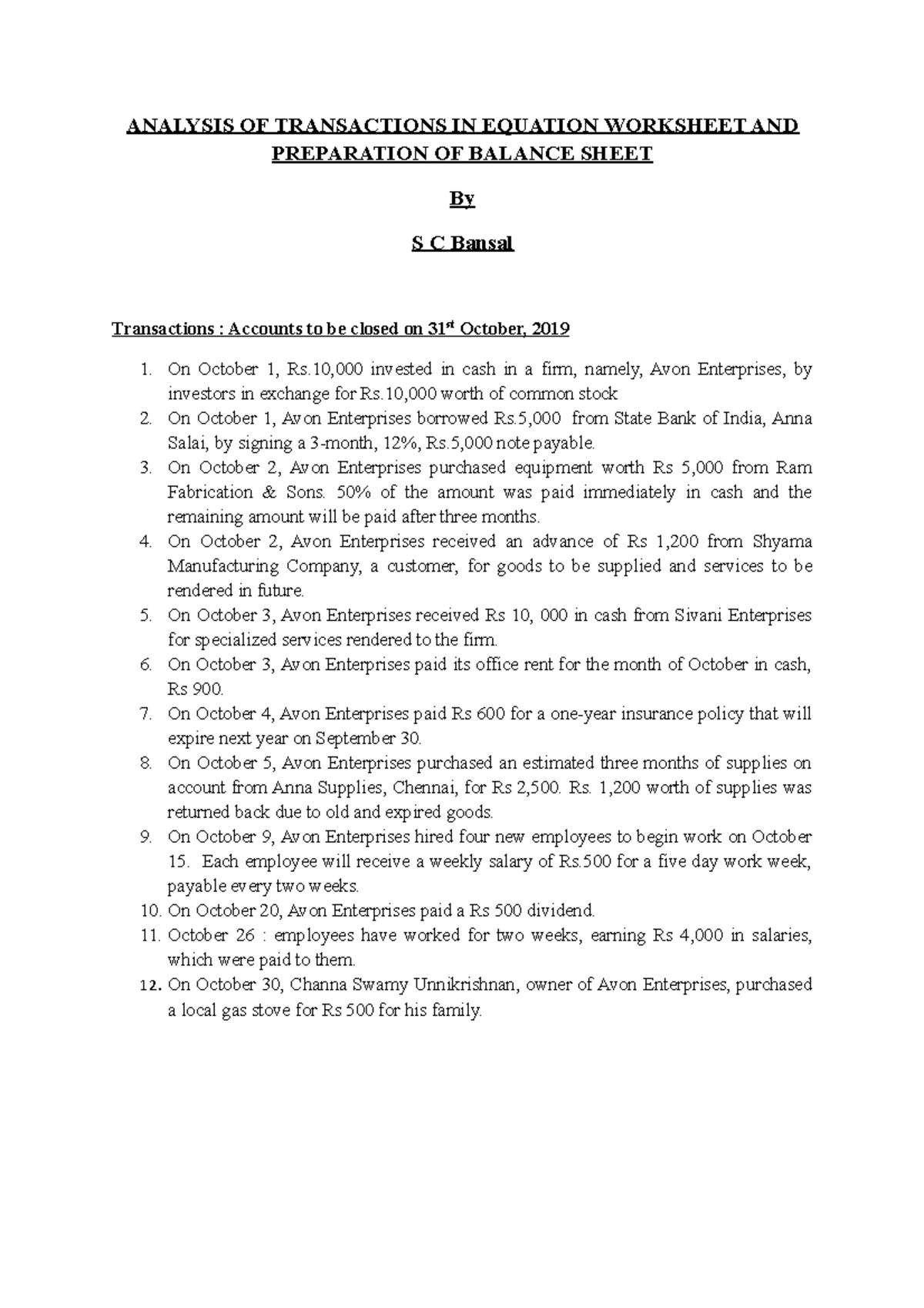 Equation worksheet and preparation of Balance Sheet - ANALYSIS OF ...